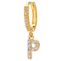 Letter P Clear Cubic Zirconia Initial Letter Dangle Hoop Earrings, Golden Brass Jewelry for Women, Letter.P, 22mm