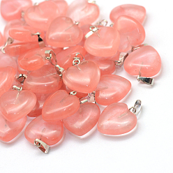 Cherry Quartz Glass Heart Dyed Cherry Quartz Glass Pendants, with Platinum Tone Brass Findings, 17~19x15~16x5~8mm, Hole: 2x7mm