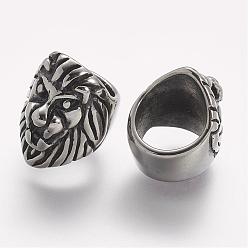 Antique Silver 304 Stainless Steel Slide Charms, Lion, Large Hole Beads, Antique Silver, 15.5x12x15.5mm, Hole: 8.5mm