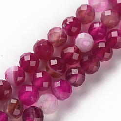 Medium Violet Red Natural Banded Agate/Striped Agate Beads Strands, Round, Faceted, Dyed, Medium Violet Red, 8mm, Hole: 1.2mm, about 49~50pcs/strand, 14.96 inch(38cm)