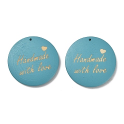 Темно-Голубой Древесины подвески, Плоские круглые подвески с надписью «Сделано с любовью», глубокое синее небо, 39.5~40.5x5~5.5 мм, отверстие : 1.4 мм
