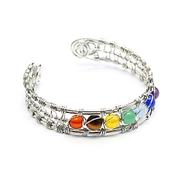 Platinum Natural Mixed Gemstone Beaded Cuff Bangle, Wire Wrapped Bangles, Platinum, 2-3/8 inch(6cm)