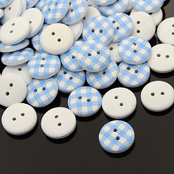 Light Sky Blue 2-Hole Flat Round Tartan Pattern Printed Wooden Sewing Buttons, Dyed, Light Sky Blue, 15x4mm, Hole: 1mm