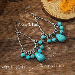 Античное Серебро Серьги-подвески из синтетической бирюзы с бахромой в стиле бохо, винтажные этнические серьги из тибетского сплава, античное серебро, 70x25 мм