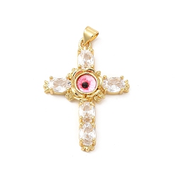 Clear Rack Plating Brass Pendants, with Glass Cubic Zirconia, Resin Eye, Religion Cross Charm, Cadmium Free & Lead Free, Long-Lasting Plated, Real 18K Gold Plated, Clear, 38x27x5mm, Hole: 5x3mm