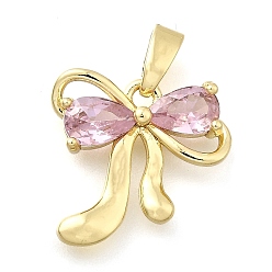 Pink Латунные микро проложить кубического циркония прелести, реальный 18 k позолоченный, бантом, розовые, 14x15x3.5 мм, отверстие : 5x2.5 мм