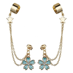 Dark Turquoise Light Gold 304 Stainless Steel Cuff Earring Chains with Rhinestone, Star & Flower Alloy Enamel Dangle Stud Earrings Crawler Earrings, Dark Turquoise, 78mm