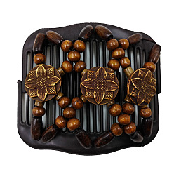Chocolate Plastic Hair Bun Maker, Stretch Double Hair Comb, with Wood Beads and Resin Flower, Chocolate, 80x105mm