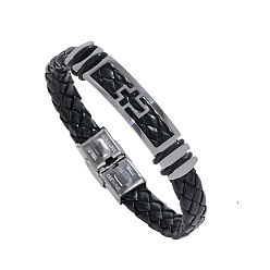 Black Hollow Corss Link Bracelet with Leather Cords, Black, 8-1/8 inch(20.5cm)