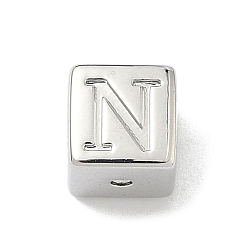 Letter N Латунные бусины, без кадмия и без свинца, долговечный, стойки покрытие, кубические, платина, Письмо N, 6x6x6 мм, отверстие : 1.8 мм