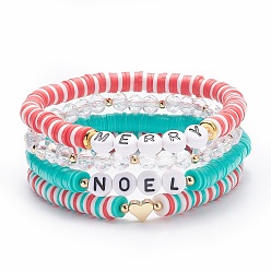 Mixed Color 4Pcs 4 Style Handmade Polymer Clay Heishi Sunfer Stretch Bracelets Set with Brass Heart, Word Merry Noel Acrylic Preppy Bracelets with Glass for Women, Mixed Color, Inner Diameter: 2-1/8 inch(5.4cm), 1Pc/style