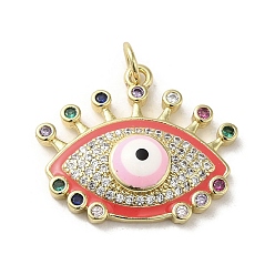 Red Brass Micro Pave Cubic Zirconia Pendants, with Enamel, with Jump Ring, Real 18K Gold Plated, Evil Eye, Red, 20x23x5.3mm, Hole: 3.5mm