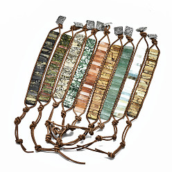 Mixed Stone Cowhide Leather Cord Bracelets, with Rectangle Natural Gemstone Beads and Alloy Findings, 9~11 inch(23~28cm)
