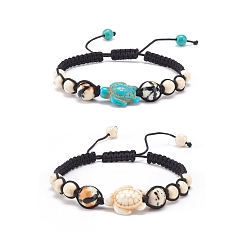Couleur Mélangete 2 pcs 2 couleur synthétique turquoise (teint) tortue & magnésite & océan blanc jade (teint) ensemble de bracelets de perles tressées, bijoux en pierres précieuses pour femmes, couleur mixte, diamètre intérieur: 1-7/8~3-1/4 pouce (4.6~8.2 cm), 1 pc / couleur
