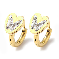 Golden Crystal Rhinestone Heart with Butterfly Hoop Earrings, Vacuum Plating 202 Stainless Steel Earrings with 304 Stainless Steel Pins for Women, Golden, 14x17x2.5mm, Pin: 1mm