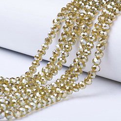 Dark Khaki Electroplate Glass Beads Strands, Platinum Plated, Faceted, Rondelle, Dark Khaki, 4x3mm, Hole: 0.4mm, about 123~127pcs/strand, 16.5~16.9 inch(42~43cm)