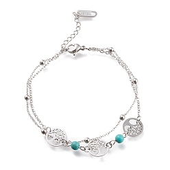 Stainless Steel Color 304 Stainless Steel Multi-strand Bracelets, with Synthetic Turquoise Beads and Lobster Claw Clasps, Flat Round with Tree, Stainless Steel Color, 7-1/8 inch(18cm)