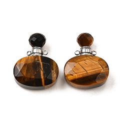 Тигровый глаз Натуральные подвески для флаконов с тигровым глазом, с 304 фурнитурой из нержавеющей стали, граненые, овальные амулеты, цвет нержавеющей стали, 32~33x25~26x10.5~11.5 мм, отверстие : 1.9 мм