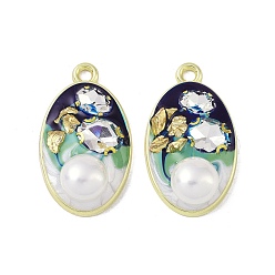 Green Rack Plating Alloy Enamel Pendants, with Resin, ABS Imitation Pearl Beads, Rhinestone and Glass Beads, Cadmium Free & Nickel Free & Lead Free, Oval, Green, 34x20x9mm, Hole: 2.5mm