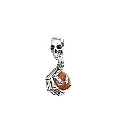 Goldstone Halloween Skull Synthetic Goldstone Alloy Pendants, Skeleton Hand Charms with Gems Sphere Ball, Antique Silver, 43x19mm