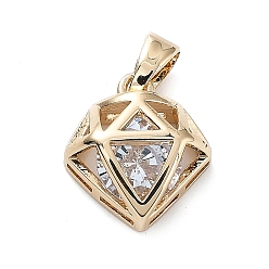 Light Gold Brass with K9 Glass Pendants, Diamond Charms, Light Gold, 13x12x5.5mm, Hole: 4x2.5mm