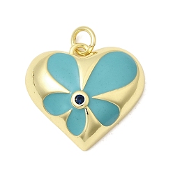 Бирюза Латунные микро проложить кубического циркония подвески, с эмалью, долговечный, стойки покрытие, без свинца и без кадмия, сердце прелести, реальный 18 k позолоченный, бирюзовые, 18.5x20x6.5 мм, Перейти кольцо: 4.5x1 мм, внутренний диаметр: 2 мм