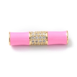 Pearl Pink Rack Plating Brass Clear Micro Pave Cubic Zirconia Beads, with Enamel, Long-Lasting Plated, Real 18K Gold Plated, Cadmium Free & Lead Free, Tube, Pearl Pink, 20.5x5mm, Hole: 1.8mm