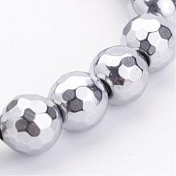 Plaqué Argent Non-magnétiques perles d'hématite synthétique brins, AA grade, facette, ronde, Plaqué Argent, taille: 8 mm de diamètre, Trou: 1mm, Environ 50 pcs/chapelet, 15.7 pouce