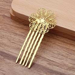 Golden Brass Hair Comb Findings, with Filigree Flower, Golden, 62x30mm