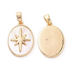 Real 18K Gold Plated Brass Shell Pendants, Oval with Star Charms, Real 18K Gold Plated, 19.5x14x2.5mm, Hole: 3x5mm