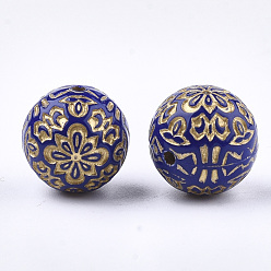 Blue Plating Acrylic Beads, Metal Enlaced, Round with Flower, Blue, 13.5~14mm, Hole: 1.5mm, about 325pcs/500g