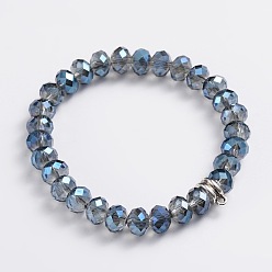 Blue Electroplate Glass Beads Stretch Bracelets, with Antique Silver Alloy Findings, Blue, 60mm