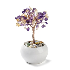 Mixed Stone Natural Yellow Quartz & Amethyst Chips Tree Decorations, Ceramic Bowl Base Copper Wire Feng Shui Energy Stone Gift for Home Desktop Decoration, 65~68x130~135mm