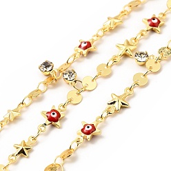Red Enamel Star with Evil Eye & Brass Flat Round Link Chains, with Clear Glass Charms, Soldered, with Spools, Real 18K Gold Plated, Red, 11x6x2.7mm, 10.5x5.5x2.3mm