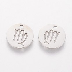 Virgo 304 Stainless Steel Charms, Flat Round with Constellation/Zodiac Sign, Virgo, 12x1mm, Hole: 1.5mm