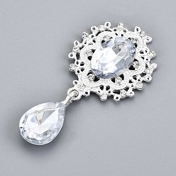 Clear Alloy Flat Back Cabochons, with Acrylic Rhinestones, Oval and Teardrop, Silver Color Plated, Faceted, Clear, 58x29x7mm, Pendant: 24.5x13x7mm