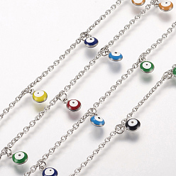 Mixed Color 304 Stainless Steel Charm Anklets, with Enamel Charms, Evil Eye, Platinum, Mixed Color, 10-3/8 inch(263mm), 2mm