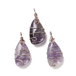 Amethyst Natural Amethyst Pendants, Rack Plating Brass Wire Wrapped Gems Teardrop Charms, Cadmium Free & Lead Free, Rose Gold, 37~40x19~19.5x9.5~10mm, Hole: 4.5~5mm
