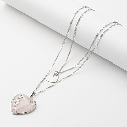 Rose Quartz 316 Surgical Stainless Steel Cable Chains Tiered Necklaces, Double Layer Necklaces, with Rose Quartz Pendant and 304 Stainless Steel Heart Charms, 15.9 inch