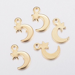 Real 18K Gold Plated 201 Stainless Steel Charms, Moon with Star, Real 18k Gold Plated, 11x7x1mm, Hole: 1.5mm