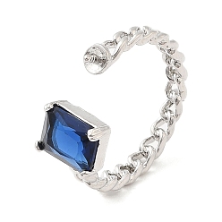 Blue Brass with Cubic Zirconia Open Cuff Ring Components, Ring Settings, For Half-drilled Beads, Rectangle, Blue, US Size 7(17.3mm), Pin: 1mm