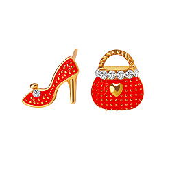 Red Alloy Rhinestone Stud Earrings, Shoe & Bags Enamel Asymmetrical Earrings, Red, 14x10mm