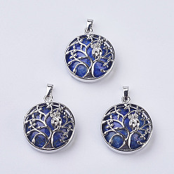 Lapis Lazuli Natural Lapis Lazuli Pendants, with Brass Findings, Flat Round with Tree of Life, Platinum, 31~32x27x8~9mm, Hole: 5x7mm