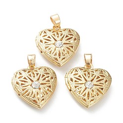 Real 18K Gold Plated Brass Locket Pendants, with Cubic Zirconia, Hollow Heart, Real 18K Gold Plated, 22.5x19.5x6.5mm, Hole: 5.5x4mm