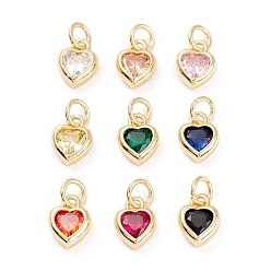 Mixed Color Brass inlaid Cubic Zirconia Pendants, with Jump Ring, Long-Lasting Plated, Heart, Golden, Mixed Color, 9.5x7x3mm, Hole: 3.6mm