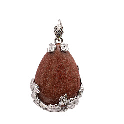 Камень с Пылевым Золотом Синтетические голдстоуновские подвески, подвески-капли из латуни с платиновым покрытием, 45x30 мм