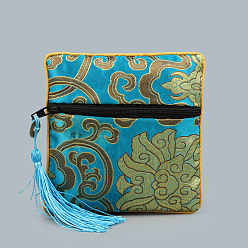 Deep Sky Blue Chinese Style Square Cloth Zipper Pouches, with Random Color Tassels and Auspicious Clouds Pattern, Deep Sky Blue, 12~13x12~13cm
