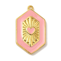 Pink Стойки покрытие латунь эмаль кулон, без кадмия и без свинца, долговечный, шестиугольник с подвеской в виде сердца, реальный 18 k позолоченный, розовые, 23x13.5x3.5 мм, отверстие : 1.2 мм