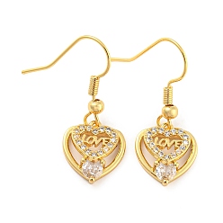 Real 18K Gold Plated Heart with Wrod Love Rack Plating Brass Micro Pave Cubic Zirconia Dangle Earrings, Long-Lasting Plated, Cadmium Free & Lead Free, Real 18K Gold Plated, 30.5x12mm