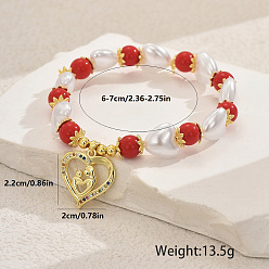 (52) Непрозрачная лаванда День матери латунные браслеты с микропаве из кубического циркония в форме сердца, браслеты-сердечки из искусственного жемчуга для женщин, разноцветные, 3/4x7/8 дюйм (2x2.2 см), внутренний диаметр: 2-3/8 дюйм (6 см)